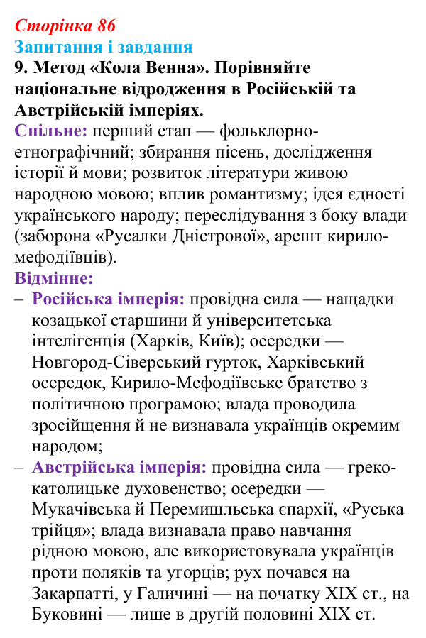 Відповідь до завдання 9 § 12 (с. 86) з історії України для 9 класу, Галімов 2026: Початок національного відродження...