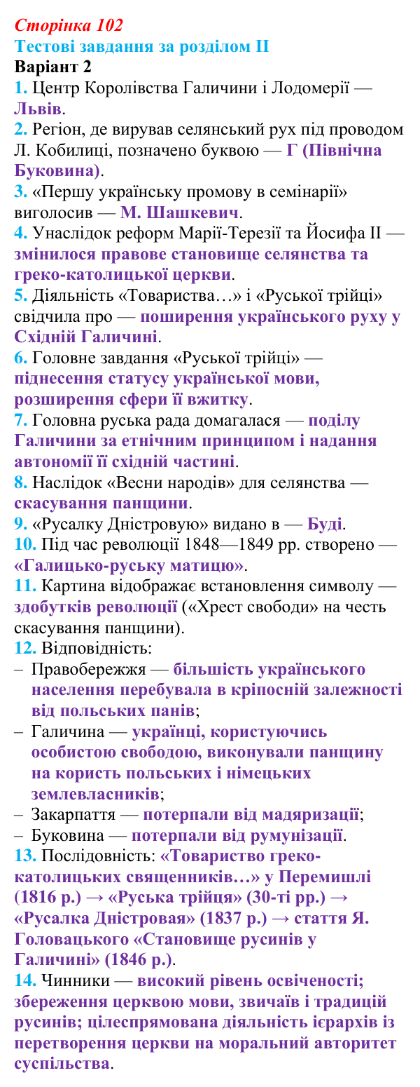Відповідь: тестові завдання за розділом II, варіант 2 (с. 102) з історії України для 9 класу, Галімов 2026