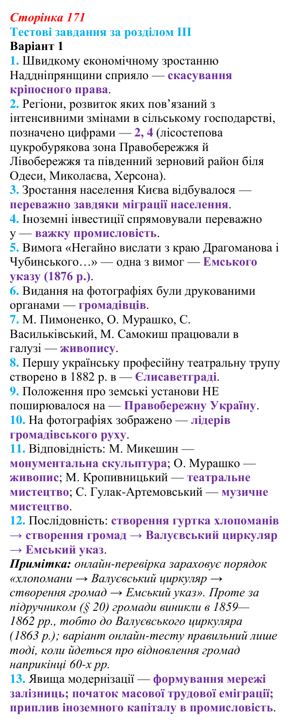 Відповідь: тестові завдання за розділом III, варіант 1 (с. 171) з історії України для 9 класу, Галімов 2026