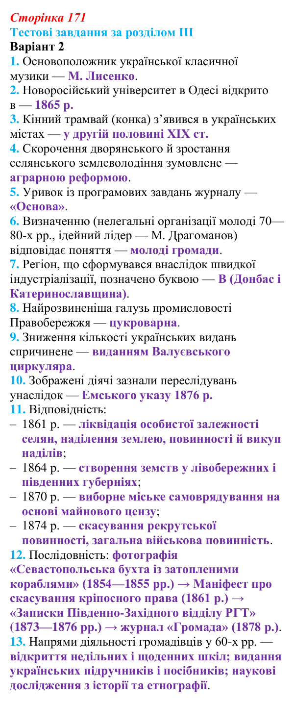 Відповідь: тестові завдання за розділом III, варіант 2 (с. 171) з історії України для 9 класу, Галімов 2026