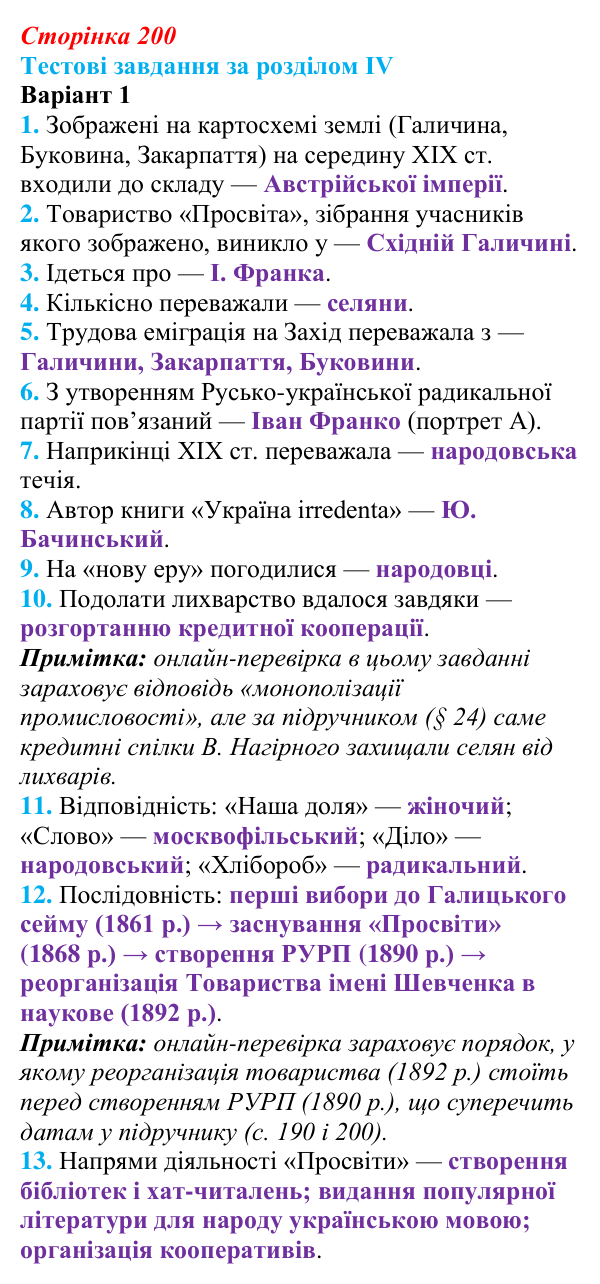 Відповідь: тестові завдання за розділом IV, варіант 1 (с. 200) з історії України для 9 класу, Галімов 2026