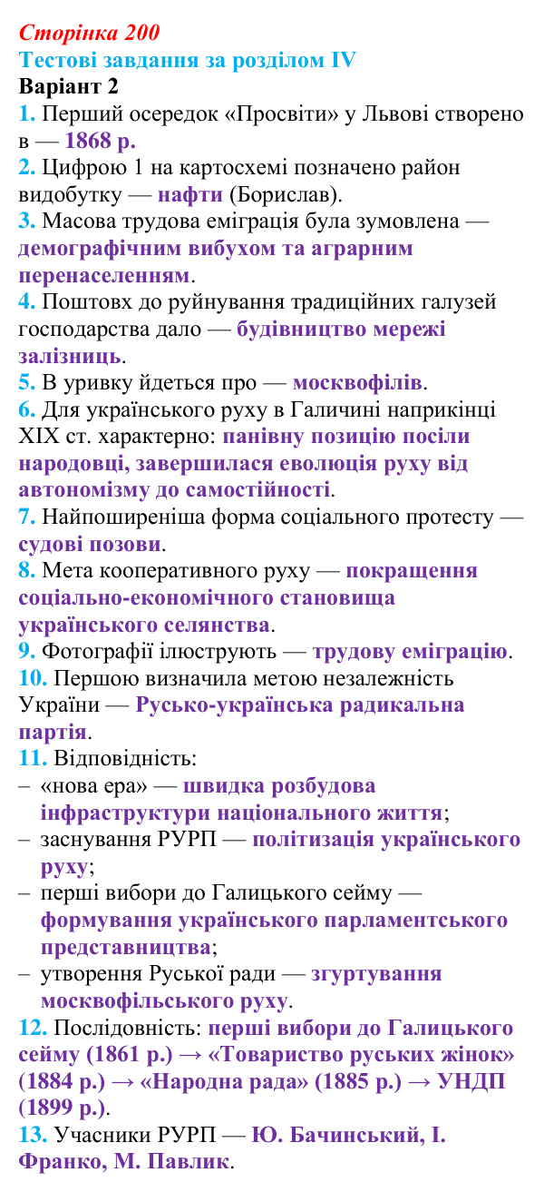 Відповідь: тестові завдання за розділом IV, варіант 2 (с. 200) з історії України для 9 класу, Галімов 2026