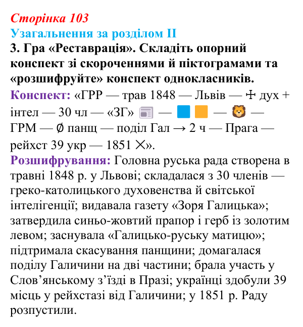 Відповідь: узагальнення за розділом II, ігрове завдання 3 (с. 103) з історії України для 9 класу, Галімов 2026