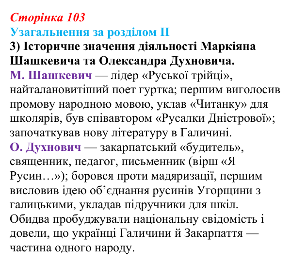 Відповідь: узагальнення за розділом II, запитання 3 (с. 103) з історії України для 9 класу, Галімов 2026