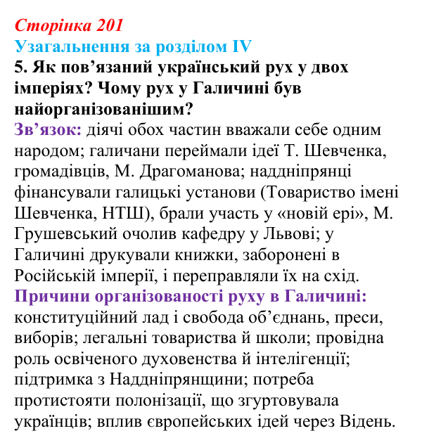 Відповідь: узагальнення за розділом IV, запитання 5 (с. 201) з історії України для 9 класу, Галімов 2026