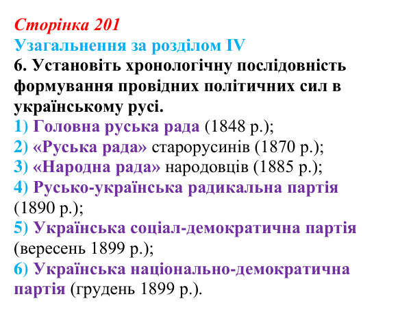 Відповідь: узагальнення за розділом IV, запитання 6 (с. 201) з історії України для 9 класу, Галімов 2026