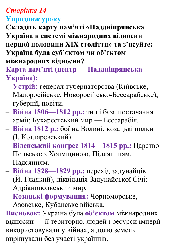 Сторінка 14, питання 4 Відповідь до питання 4 на с. 14 (§ 2) з історії України для 9 класу, Хлібовська 2026: Наддніпрянська Україна в системі...