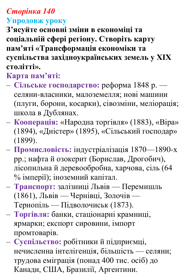 Відповідь до питання 4 на с. 140 (§ 19) з історії України для 9 класу, Хлібовська 2026: Соціально-економічний розвиток...