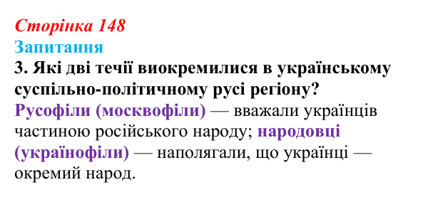 Відповідь до завдання 3 § 20 (с. 148) з історії України для 9 класу, Хлібовська 2026: Ідейна боротьба: русофіли /...