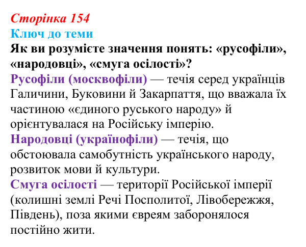 Сторінка 154, питання 2 Відповідь до питання 2 на с. 154 (§ 21) з історії України для 9 класу, Хлібовська 2026: Національні рухи...