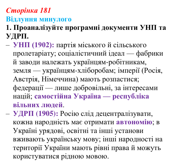Відповідь до питання 1 на с. 181 (§ 24) з історії України для 9 класу, Хлібовська 2026: Суспільно-політичне життя...