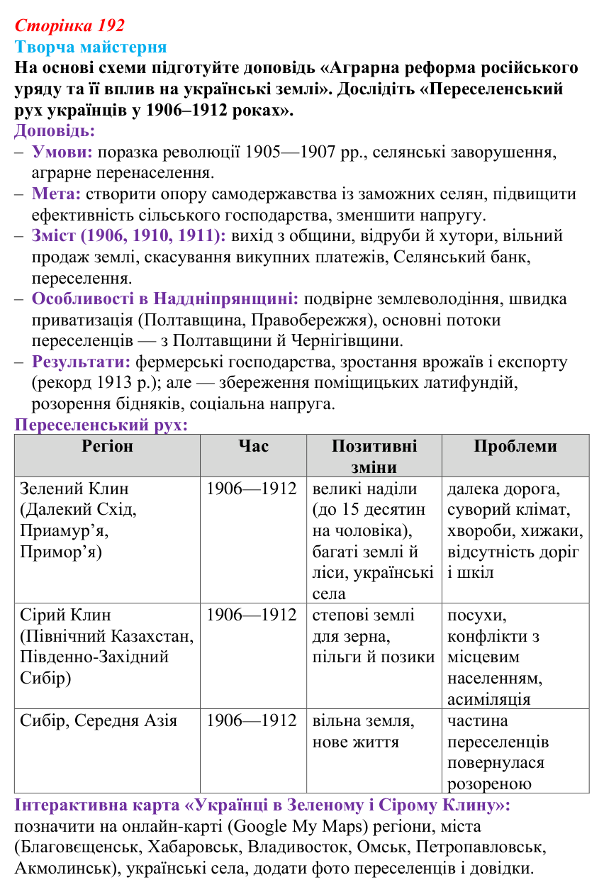 Відповідь до питання 2 на с. 192 (§ 26) з історії України для 9 класу, Хлібовська 2026: Аграрна реформа Петра Столипіна...