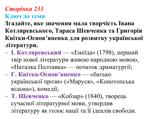 Сторінка 233, питання 1 Відповідь до питання 1 на с. 233 (§ 33) з історії України для 9 класу, Хлібовська 2026: Література. Театральне й музичне...