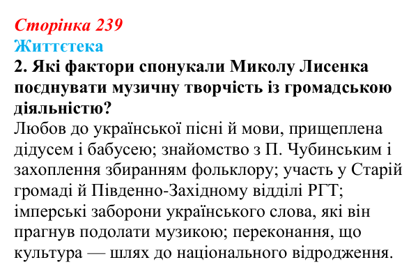 Відповідь до питання 2 на с. 239 (§ 33) з історії України для 9 класу, Хлібовська 2026: Література. Театральне й музичне...