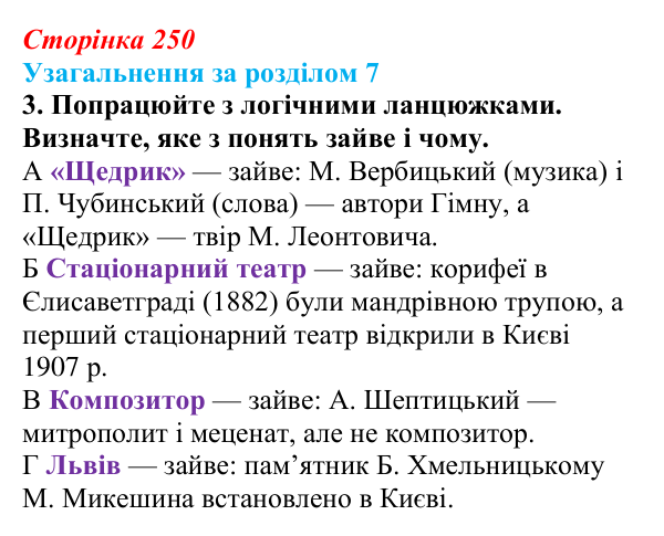 Сторінка 250, завдання 3 Відповідь до завдання 3 (с. 250) з історії України для 9 класу, Хлібовська 2026: Узагальнення за розділом 7