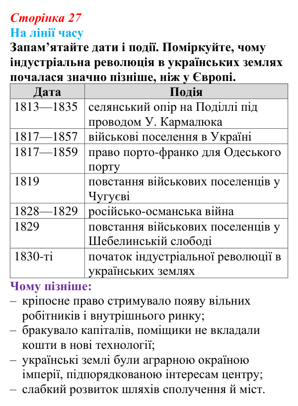 Сторінка 27, питання 1 Відповідь до питання 1 на с. 27 (§ 3) з історії України для 9 класу, Хлібовська 2026: Соціально-економічний розвиток