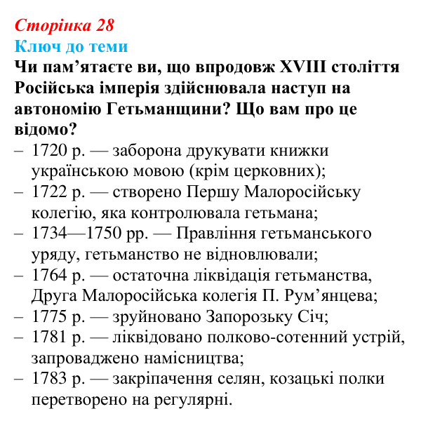 Відповідь до питання 3 на с. 28 (§ 4) з історії України для 9 класу, Хлібовська 2026: Початок українського національного...