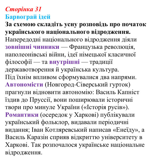 Відповідь до питання 1 на с. 31 (§ 4) з історії України для 9 класу, Хлібовська 2026: Початок українського національного...