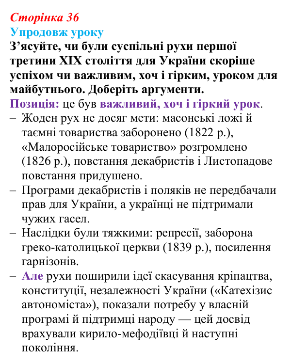 Сторінка 36, питання 4 Відповідь до питання 4 на с. 36 (§ 5) з історії України для 9 класу, Хлібовська 2026: Суспільно-політичні рухи, опозиційні...