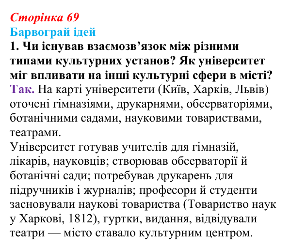 Сторінка 69, питання 1 Відповідь до питання 1 на с. 69 (§ 9) з історії України для 9 класу, Хлібовська 2026: Умови розвитку культури. Освіта...