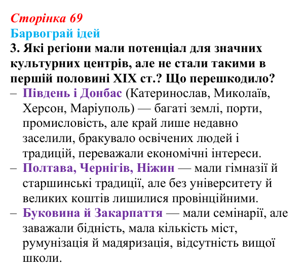 Сторінка 69, питання 3 Відповідь до питання 3 на с. 69 (§ 9) з історії України для 9 класу, Хлібовська 2026: Умови розвитку культури. Освіта...
