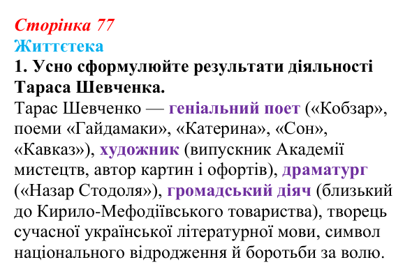 Сторінка 77, питання 1 Відповідь до питання 1 на с. 77 (§ 10) з історії України для 9 класу, Хлібовська 2026: Література. Театральне й музичне...
