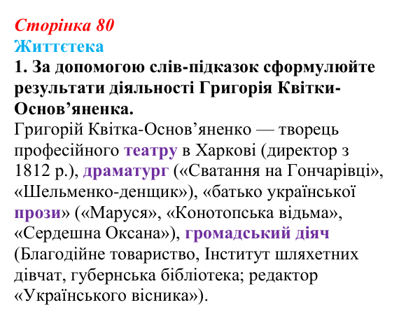 Відповідь до питання 1 на с. 80 (§ 10) з історії України для 9 класу, Хлібовська 2026: Література. Театральне й музичне...