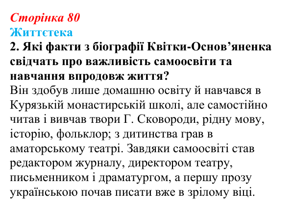 Сторінка 80, питання 2 Відповідь до питання 2 на с. 80 (§ 10) з історії України для 9 класу, Хлібовська 2026: Література. Театральне й музичне...