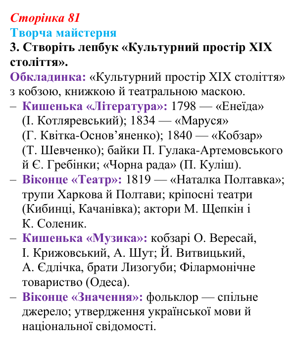 Сторінка 81, питання 4 Відповідь до питання 4 на с. 81 (§ 10) з історії України для 9 класу, Хлібовська 2026: Література. Театральне й музичне...