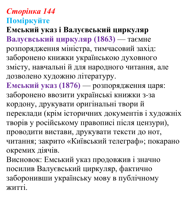 Відповідь до завдання «Поміркуйте» § 22 (с. 144) з історії України для 9 класу, Пометун 2026: Український національний рух...