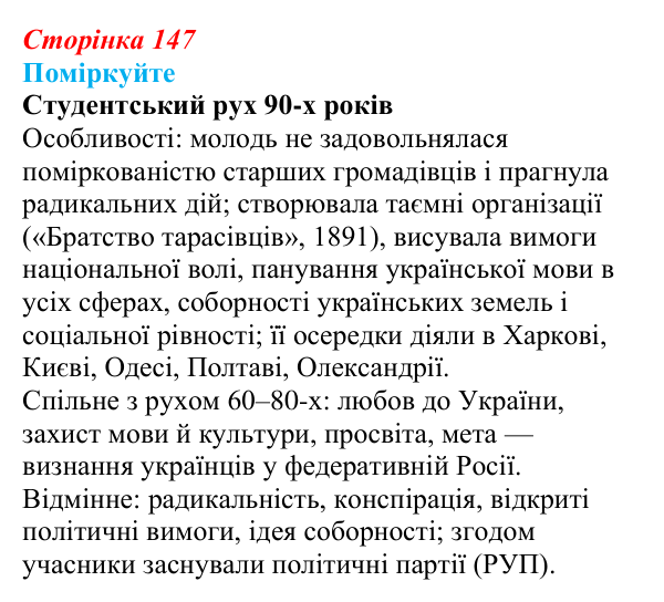 Відповідь до завдання «Поміркуйте» § 22 (с. 147) з історії України для 9 класу, Пометун 2026: Український національний рух...