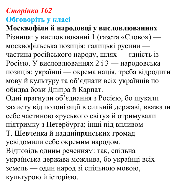 Відповідь до завдання «Обговоріть у класі» § 25 (с. 162) з історії України для 9 класу, Пометун 2026: Суспільно-політичне...