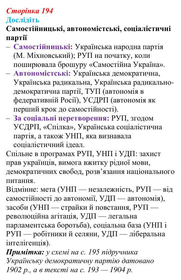 Відповідь до завдання «Дослідіть» § 29 (с. 194) з історії України для 9 класу, Пометун 2026: Українські політичний...