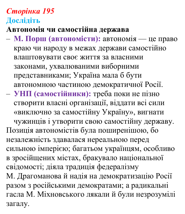 Відповідь до завдання «Дослідіть» § 29 (с. 195) з історії України для 9 класу, Пометун 2026: Українські політичний...
