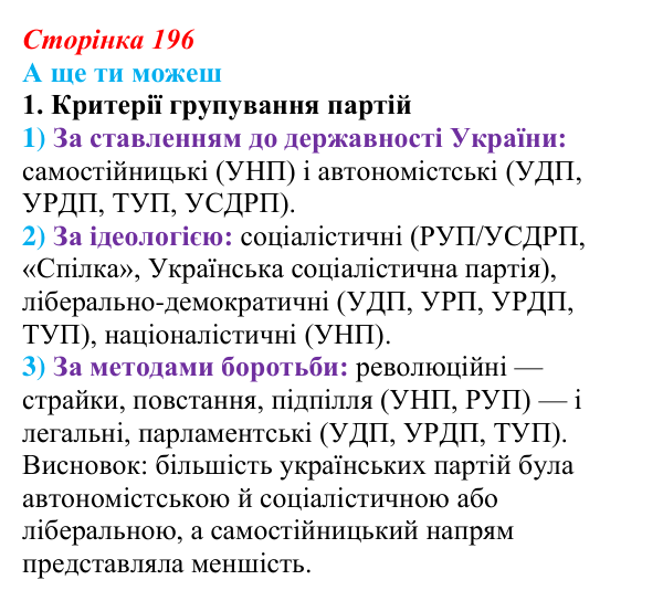 Сторінка 196, а ще ти можеш Відповідь до завдання «А ще ти можеш» § 29 (с. 196) з історії України для 9 класу, Пометун 2026: Українські політичний...