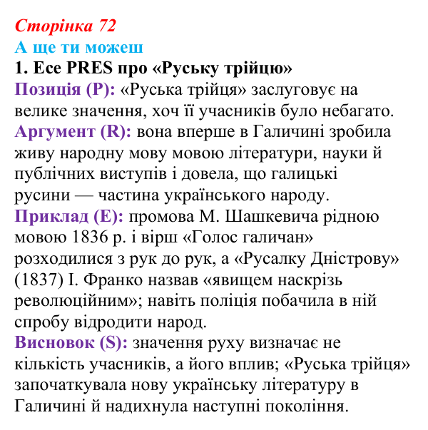 Сторінка 72, а ще ти можеш Відповідь до завдання «А ще ти можеш» § 10–11 (с. 72) з історії України для 9 класу, Пометун 2026: Початок українського...