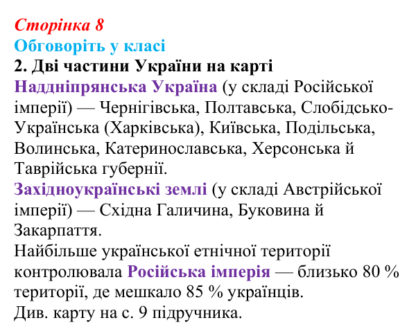 Відповідь до завдання «Обговоріть у класі» 2 § 2 (с. 8) з історії України для 9 класу, Пометун 2026: Українські землі...