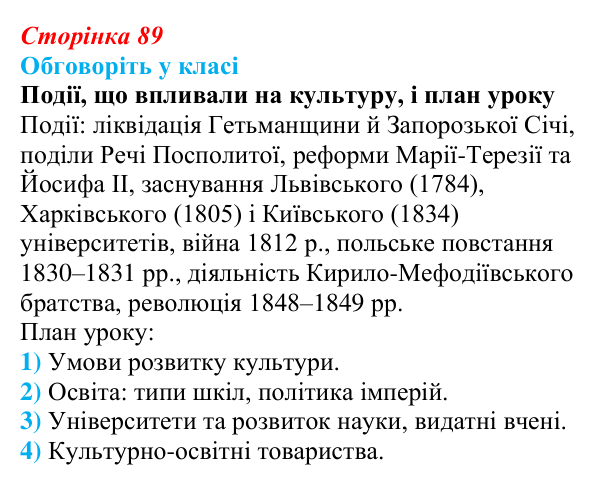 Відповідь до завдання «Обговоріть у класі» § 14 (с. 89) з історії України для 9 класу, Пометун 2026: Умови розвитку...
