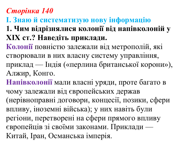 Відповідь до завдання I.1 § 59 (с. 140) з інтегрованого курсу історії для 9 класу, Щупак 2026 ч.2: Колоніальний світ