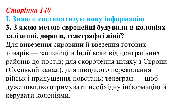 Відповідь до завдання I.3 § 59 (с. 140) з інтегрованого курсу історії для 9 класу, Щупак 2026 ч.2: Колоніальний світ
