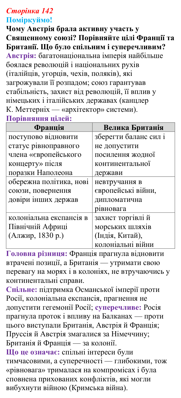Сторінка 142, питання 1 Відповідь до питання 1 на с. 142 (§ 62) з інтегрованого курсу історії для 9 класу, Щупак 2026 ч.2: «Рівновага сил» — між...