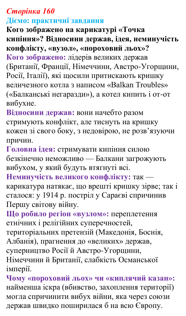 Сторінка 160, питання 1 Відповідь до питання 1 на с. 160 (§ 64) з інтегрованого курсу історії для 9 класу, Щупак 2026 ч.2: Балкани — «порохова...