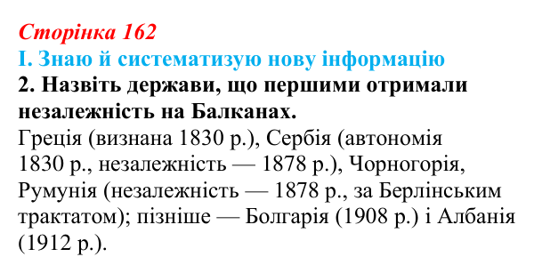 Сторінка 162, завдання I.2 Відповідь до завдання I.2 § 64 (с. 162) з інтегрованого курсу історії для 9 класу, Щупак 2026 ч.2: Балкани — «порохова...