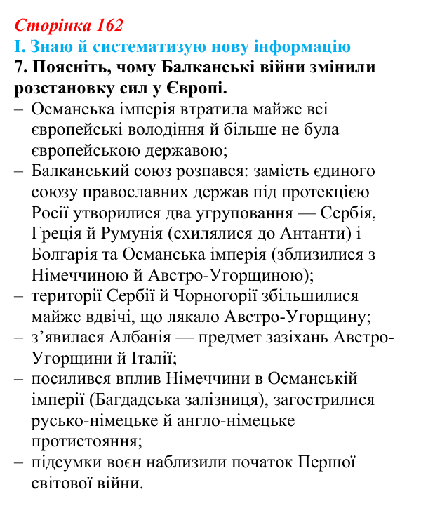 Сторінка 162, завдання I.7 Відповідь до завдання I.7 § 64 (с. 162) з інтегрованого курсу історії для 9 класу, Щупак 2026 ч.2: Балкани — «порохова...