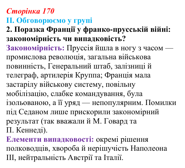 Сторінка 170, завдання II.2 Відповідь до завдання II.2 § 65 (с. 170) з інтегрованого курсу історії для 9 класу, Щупак 2026 ч.2: Франко-прусська війна...