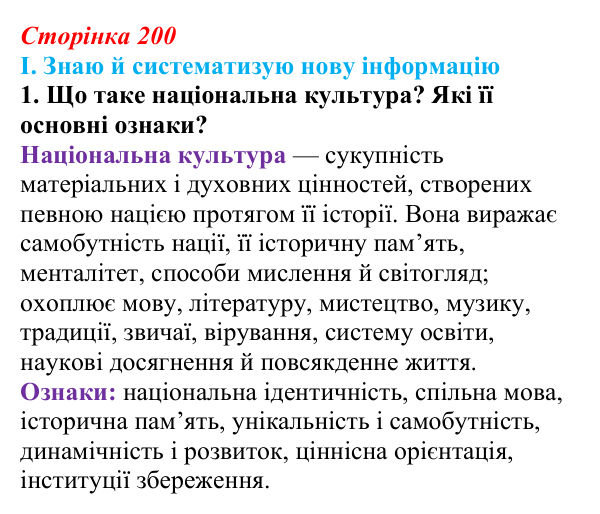 Сторінка 200, завдання I.1 Відповідь до завдання I.1 § 71 (с. 200) з інтегрованого курсу історії для 9 класу, Щупак 2026 ч.2: Національні культури...