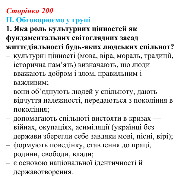 Відповідь до завдання II.1 § 71 (с. 200) з інтегрованого курсу історії для 9 класу, Щупак 2026 ч.2: Національні культури...