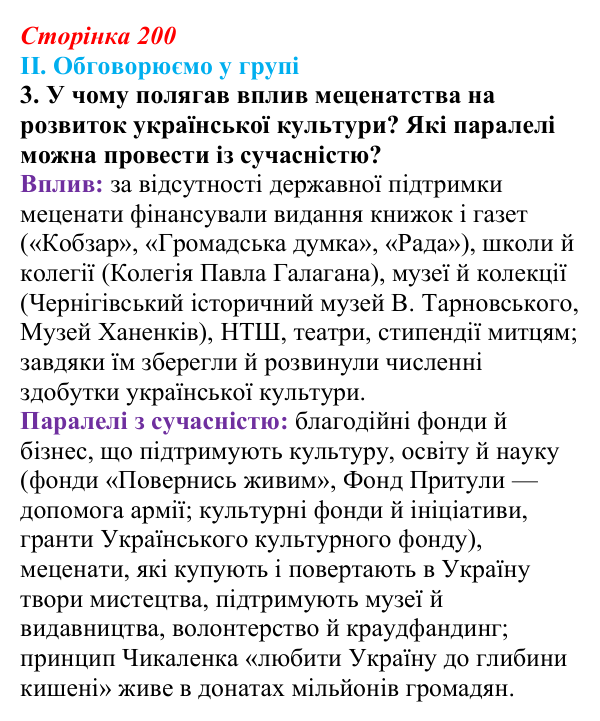 Відповідь до завдання II.3 § 71 (с. 200) з інтегрованого курсу історії для 9 класу, Щупак 2026 ч.2: Національні культури...