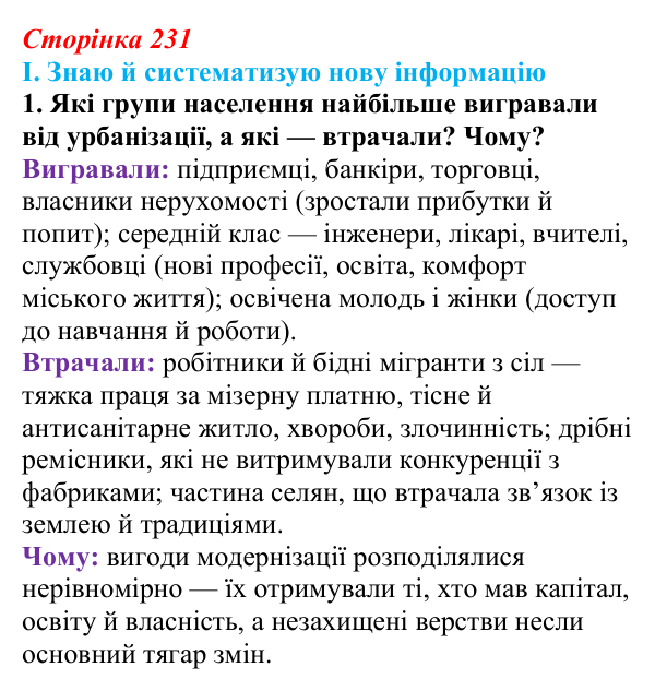 Сторінка 231, завдання I.1 Відповідь до завдання I.1 § 76 (с. 231) з інтегрованого курсу історії для 9 класу, Щупак 2026 ч.2: Місто та його мешканці