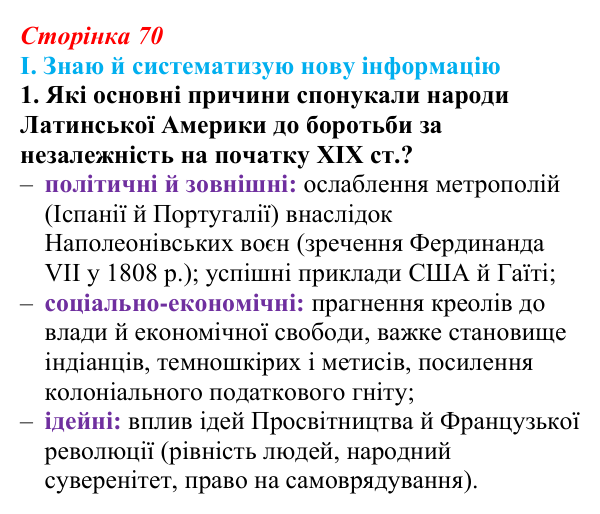 Сторінка 70, завдання I.1 Відповідь до завдання I.1 § 52 (с. 70) з інтегрованого курсу історії для 9 класу, Щупак 2026 ч.2: Країни Латинської Америки
